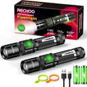 Rechargeable Flashlights 2 Pack, RECHOO High Lumens LED Tactical Flashlight with Double Switch, Small Bright Flash Lights with 5 Modes, Zoomable, IP65 Waterproof for Camping, Hiking, Emergencies