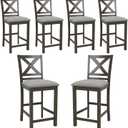 Upholstered Counter Height Bar Stools Set of 6, Modern Kitchen Island Barstools Chairs with Cross Back and Wood Legs for Dining Room Bar, Dark Grey (Charcoal)