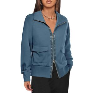 Fisoew Women's Zip up Sweatshirt Collared Neck Long Sleeve Loose Casual Lightweight Jacket with Pockets (Medium, Blue)
