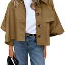 Cicy Bell Womens Oversized Cropped Trench Coats Single Breasted 3/4 Cape Sleeve Trendy Casual Jackets Button up Outerwear (Medium, Camel)