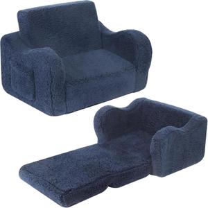 MOMCAYWEX Kids Sofa, 2-in-1 Flip-Out Foam Couch with Soft Sherpa Cover, Cozy Play Lounge Chair, Dark Blue, Medium