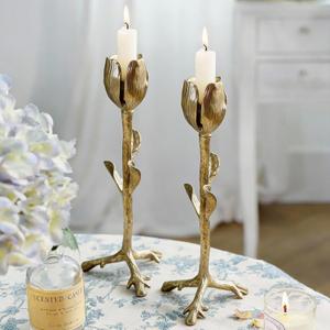 NIKKY HOME Gold Tulip Taper Candle Holders Set of 2, Vintage Elegant Flower Shaped Metal Candlestick for Table Centerpieces, Spring Wedding Decor and Dinner Party