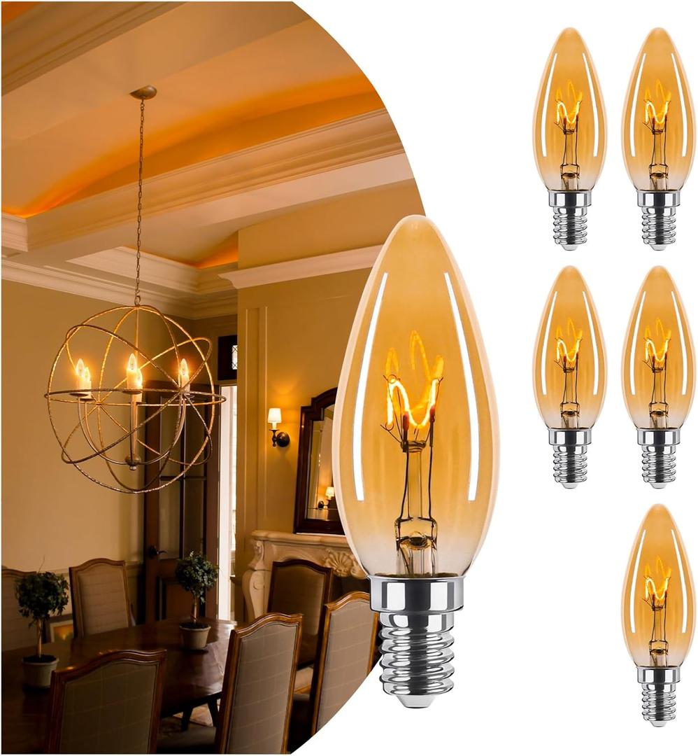Amber Candelabra Bulb 25W Equivalent, 2W Ultra-Fine Filament E12 Base Candelabra LED Light Bulb, Dimmable Amber LED Bulbs 2000k Soft Warm, Candle Chandelier Light Bulbs, 6 Pack