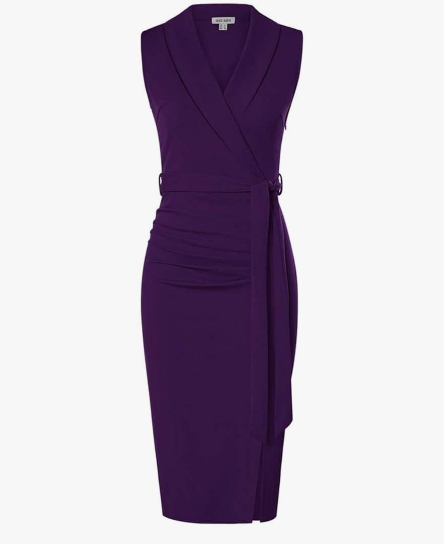 GRACE KARIN Women's Wear to Work Sleeveless Ruched Bodycon Office Pencil Midi Dresses with Belt, size 8