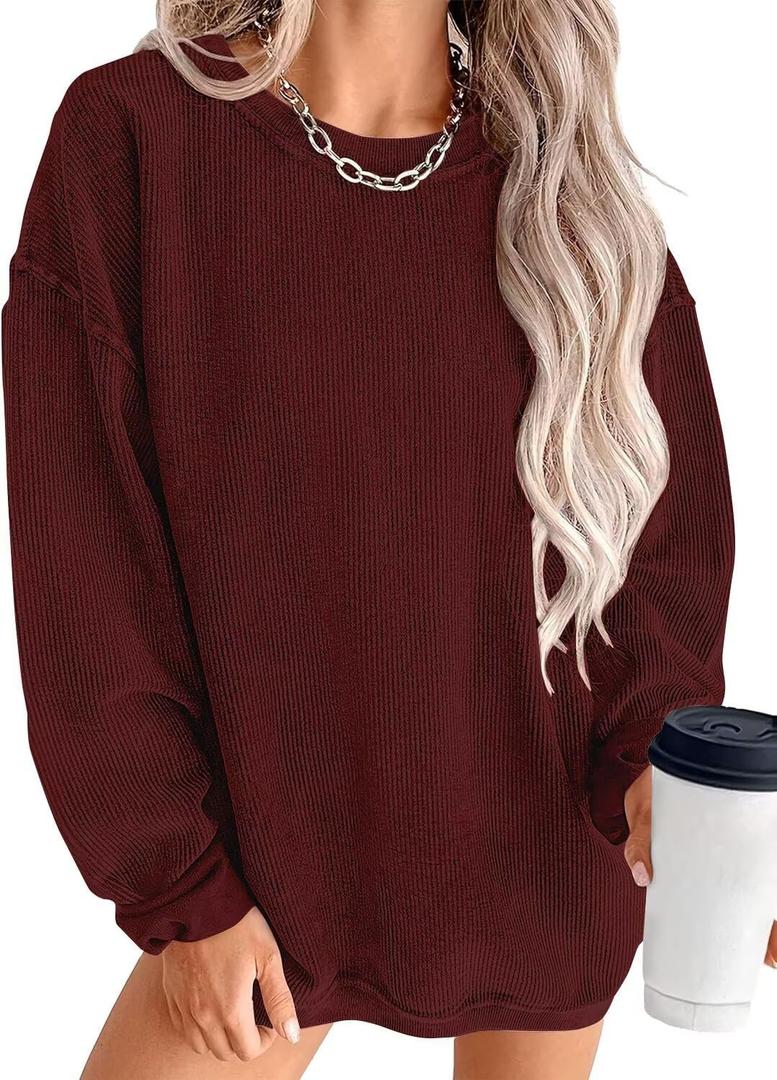KISSMODA Women's Casual Long Sleeve Sweatshirt Color Block/Solid Crewneck Corduroy Pullover Cute Tops (Medium, A Wine Red)