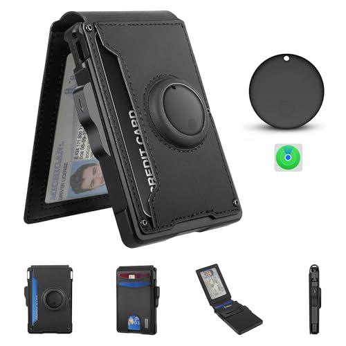 umoven Wallet for Men with AirTag(iOS Only), Mens Metal Wallet Minimalist with Money Clip & ID Window, Slim Leather Slots RFID Blocking Bifold Wallet, Smart Pop Up Credit Card Holder Wallet (Black)