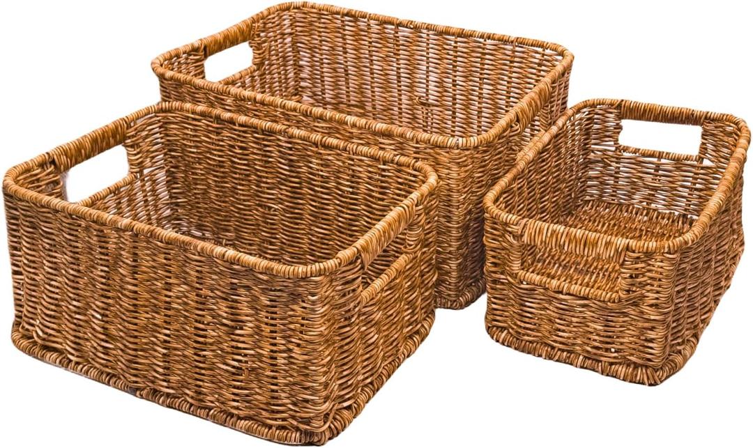 GIB Woven Storage Baskets for Organizing, Plastic Wicker Storage Baskets for Shelves, Waterproof Rectangular Storage Bins Organizers for Closet Pantry Table, Set of 3, Brown