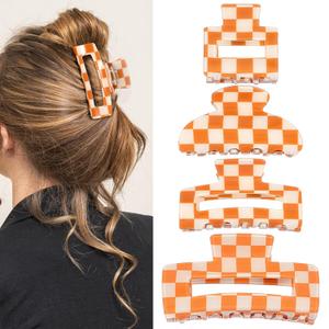4Pcs Checkered Hair Claw Clips, Non-Slip Hair Jaw Clips for Thick, Thin, Curly, Straight, Long Hair, Simple Style Orange and White Square Claw Clips, Women's Hair Accessories