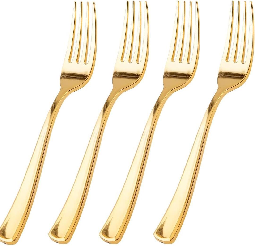WDF 100 Pcs Gold Plastic Forks - Heavy Duty Sturdy&Durable Forks Disposable 7.4inch - Elegant Gold Forks for Dessert, Durable Plastic Cutlery for Wedding or Daily Using Baby Shower Spring