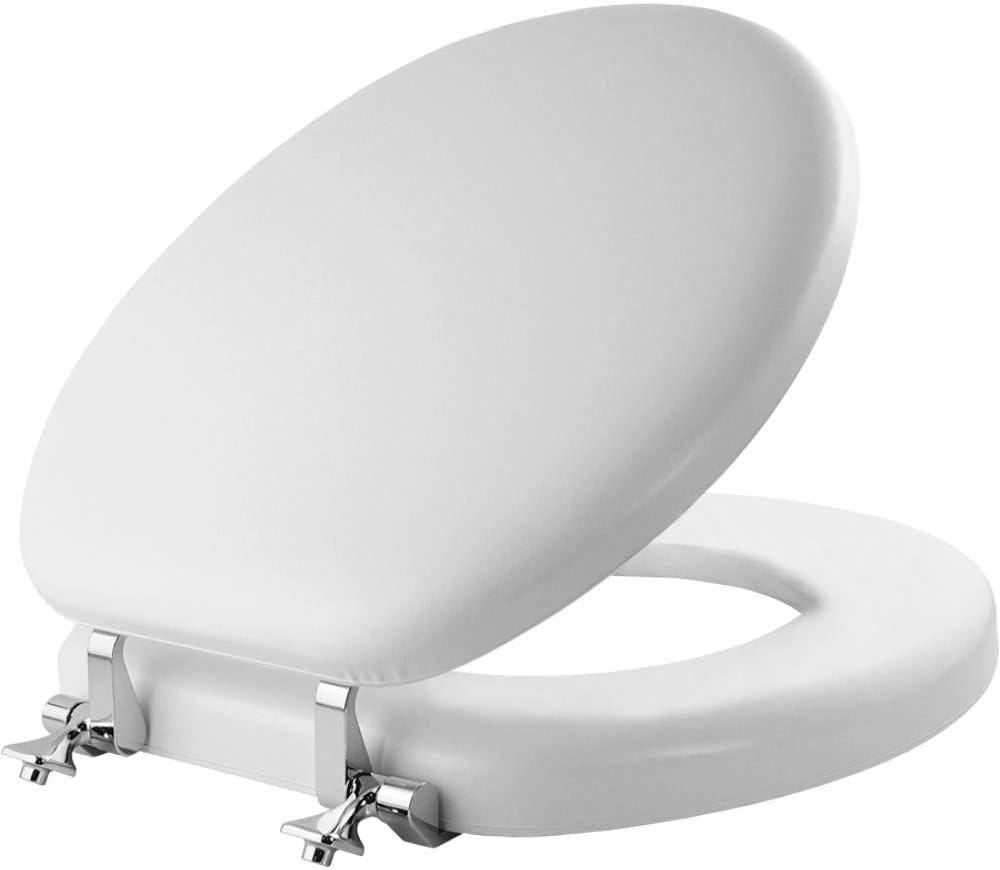 Mayfair Padded Toilet Seat with Chrome Hinges, Soft Vinyl over Wood Core Seat, Made in USA, Round, White (Elongated)