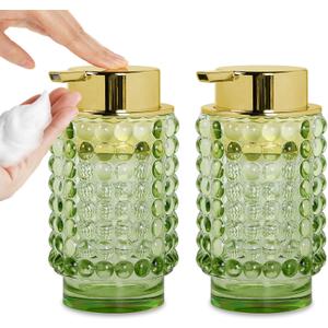 2pcs Glass Foaming Soap Dispenser, Green Foam Hand Soap Dispenser, 12 Oz Large Bottle with Gold Pump, Refillable Lotion Pump Container for Bathroom, Kitchen,Hand Soap, Dish Soap,Shampoo