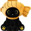 Fish Stuffed Animal Cat Plush, 8inches Black Cat Plush with Brown Taiyaki Hood Removable, Kawaii Stuffed Kitten Doll Toy Cute Plushies for Girls Kids BoysChristmas Birthday Gifts