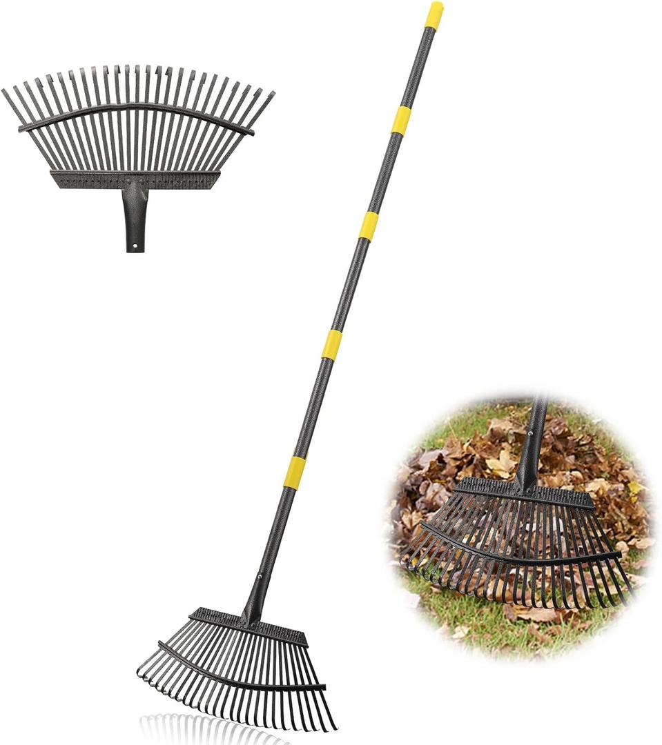 Garden Rake - Large Leaves Rakes for Gardening - 25 Metal Tines 18" Wide - 78" Long Handle Leaf Rakes for Lawns Heavy Duty for Yard Lawn Shrub Garden Beds (matte black)