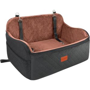 Lealchum Dog Car Seat for Large Size Dog, Soft Fabric Car Dog Bed Filling Memory Foam,2 Clip-On Safety Leashes and 2 Pockets, Removable and Washable Comfy Pet Car Seat(Black/Brown, Large)