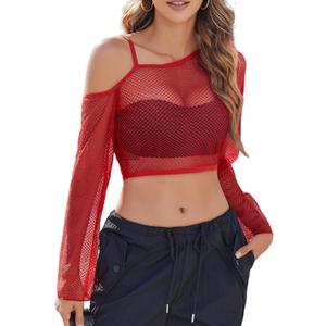 Avidlove Mesh Crop Tops for Women Long Sleeve Fishnet Shirt See Through Tops Rave Outfits Party Clubwear (Red, L)