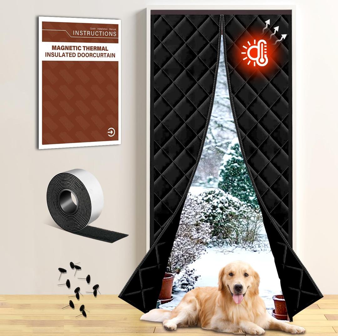 Insulated Magnetic Door Curtain for Winter, Thermal Door Cover with Triple-Layer Oxford Fabric, Windproof Cold Draft Blocker, Energy Saving Waterproof Curtain for Indoor Outdoor (Fit Door 32*80 Screen:35*82, Black)
