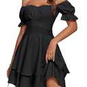 LYANER Women's Tie Back Off Shoulder Wrap Layer Ruffle A Line Short Sleeve Casual Mini Dress Solid Black, Small