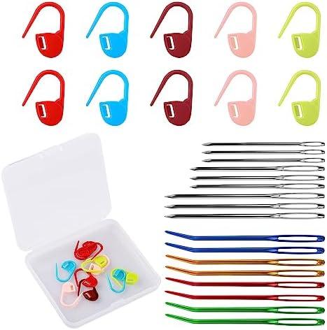 Pack of 2, 27pcs Sewing Knitting Needles Set, Including 8pcs Bent Tapestry Needle 10pcs Colorful Knitting Markers 9pcs Metal Blunt Yarn Needles in 3 Sizes for Hand Stitch DIY Crafts (with Plastic Case)