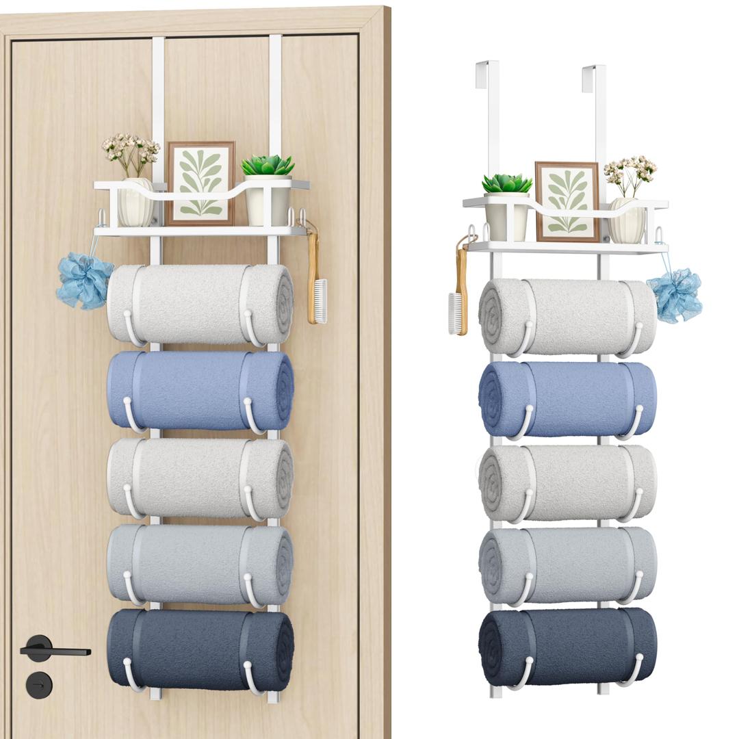 SWTYMIKI Over the Door Towel Rack - 6 Tier Towel Racks for Bathroom Wall Mounted, Towel Holder with Shelf, Hanging Rolled Towel Storage Organizer for Small Bathroom, Camper, RV, White
