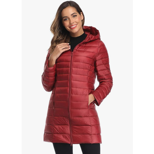 Obosoyo Women's Winter Packable Down Jacket Plus Size Ultralight Long Down Outerwear Puffer Jacket Hooded Coat M Red
