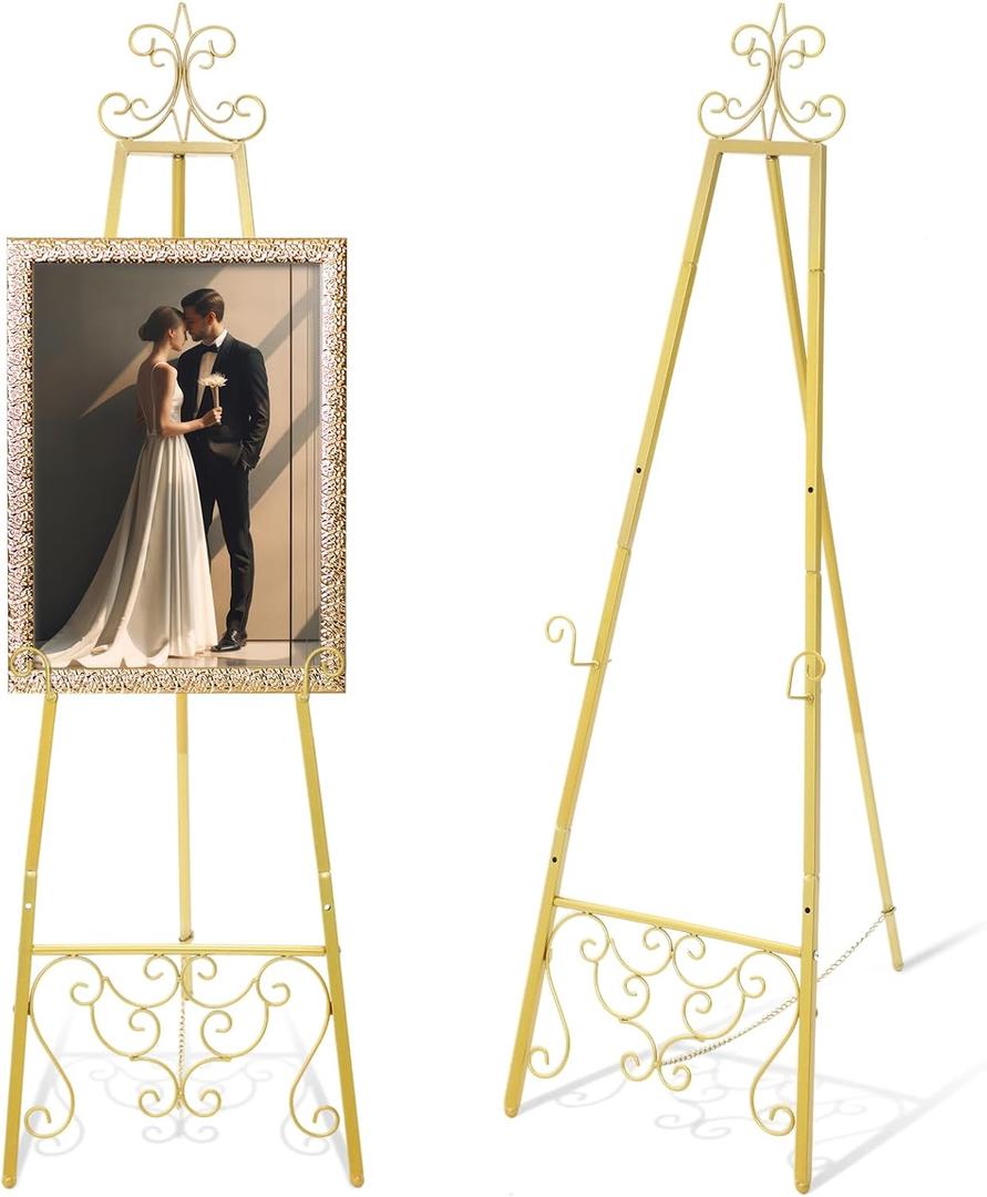 Gold Easel Stand for Wedding Sign, 55'' Adjustable Vintage Scroll Floor Display Stand with Chain Support for Welcome Poster, Art, Photo, Decorative Event Display (55'' X 18.25'')