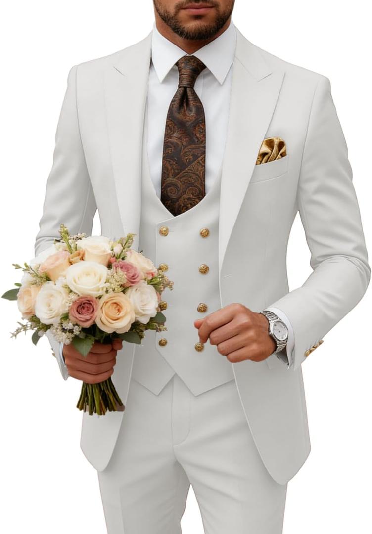 Men's Suit Slim Fit 3 Piece Double Breasted Suits Prom Tuxedo Set Formal Casual Jacket Blazer Vest Pant Wedding Suit for Men (Ivory), 3XL
