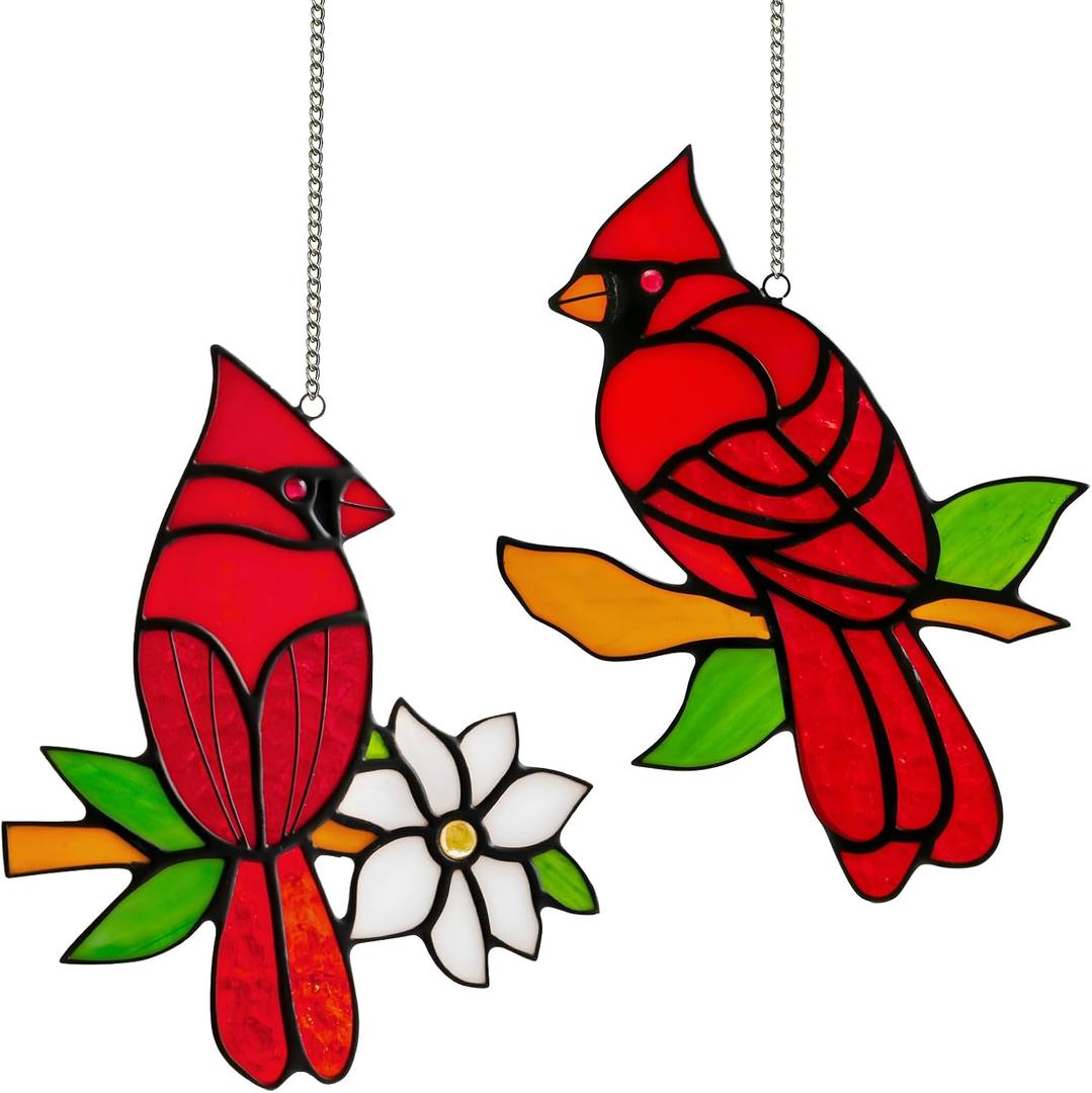 2-Pack Handmade Cardinal Stained Glass Window Hanging Suncatchers  Memorial Gifts for Women, Bird Lover Gifts, Colorful Sun Catcher Window Decor with Suction Hooks, Ready to Gift