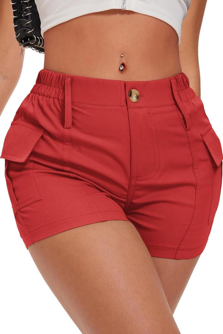 ELLEVEN Women's Y2K Mini Cargo Shorts with Pockets Stylish Sexy Summer Streetwear (Red, S)