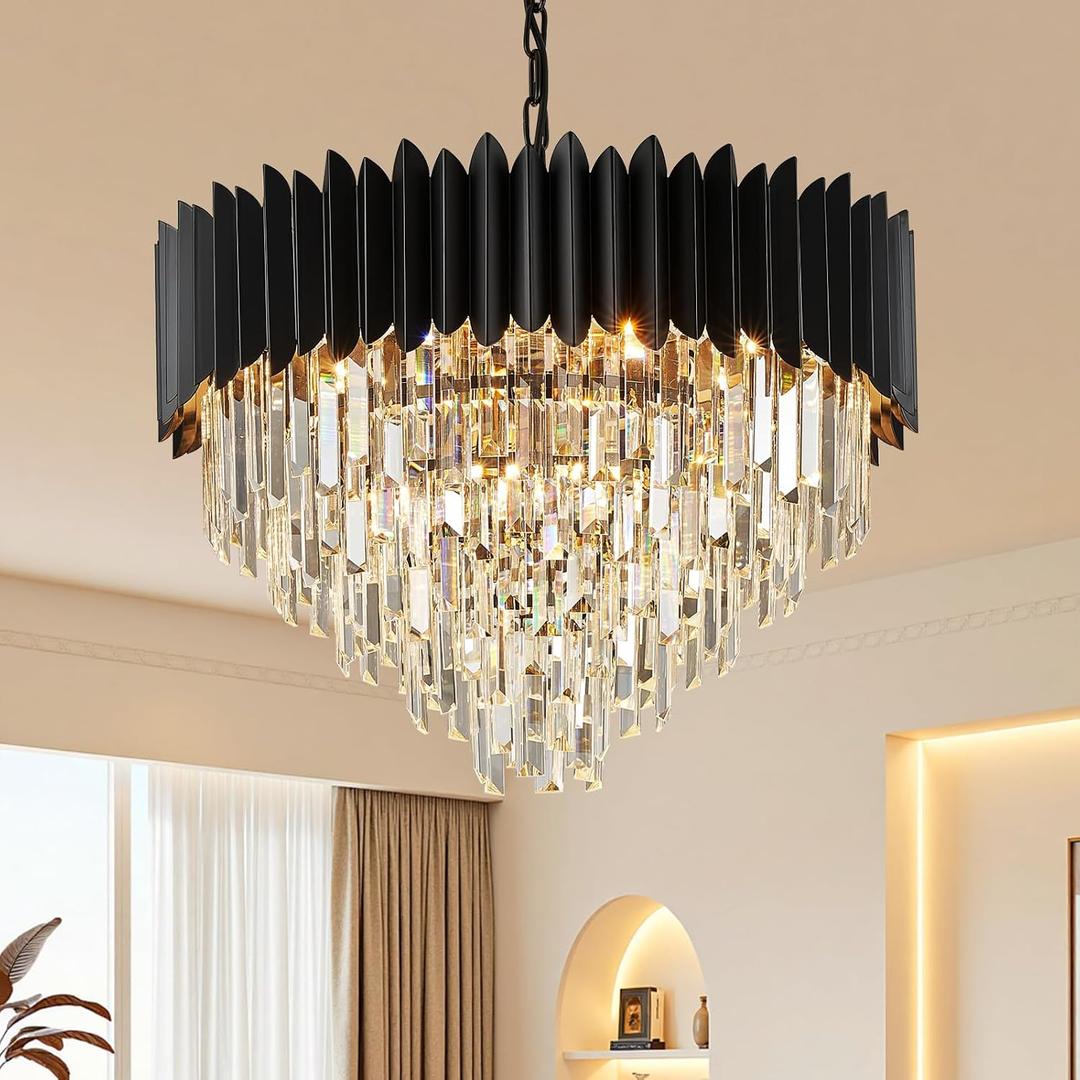 Black Crystal Chandelier 24'' K9 Crystal Round Pendant Lights Adjustable 5-Tier Large Modern Crystal Chandelier Light 10-Lights for Dining Room Living Room Kitchen Foyer Entryway