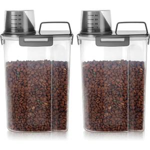 LEAWALK 3-5Lbs Airtight Small Cat Dog Pet Food Storage Containers BPA Free, with Large Pour Spout/1 Measuring Cup/ 4 Safety Locks and Double-layer Silicone Strip (Clear Black 2Pack)