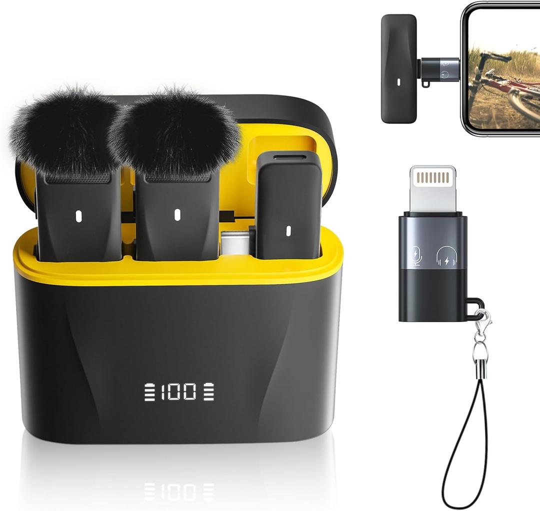 Wireless Lavalier Microphone for iPhone 15 16 Android with Lightning Adapter, USB C iPhone Microphone for Video Recording, Streaming -2 Pack, 48KHz 32Bit, 100ft, Noise Canceling Wireless Lavalier Microphone for iPhone 15 16 Android with Lightning Adapter, USB C iPhone Microphone for Video Recording, Streaming -2 Pack, 48KHz 32Bit, 100ft, Noise Canceling