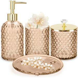 Haturi Amber Brown Bathroom Accessories Set, 4Pcs Glass Bathroom Accessory Set Complete w/Soap Dispenser, Toothbrush Holder, Qtip Holder, Soap Dish, Gold Bathroom Decor Sets, Gift for Home Apartment