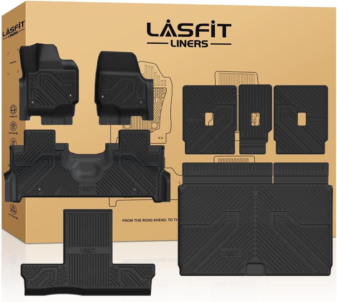 LASFIT Floor Mat & Cargo with Backrest Mat for 7 Seats 2025 2026 Ford Expedition Max(Not for Standard),TPE Easy Clean All Weather TPE Custom Fit for SUV Car Liners, 1st&2nd&3rd&Cargo Liner, Black 5pcs