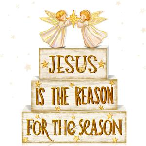 Britimes 4 Pcs Christmas Tiered Tray Decorations Set Jesus Angel Stack Block Signs Faith Christian Religious Holiday Decor for Table & Home Office (Jesus Reason)