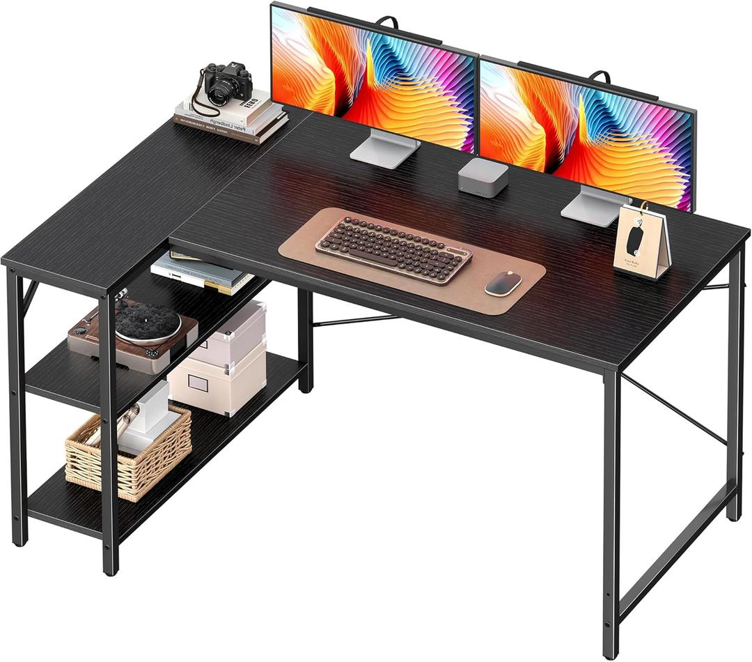 Huuger L Shaped Desk, 47 Inches Computer Desk with Reversible Storage Shelves, Gaming Corner Home Office Writing Study with Metal Frame, Black