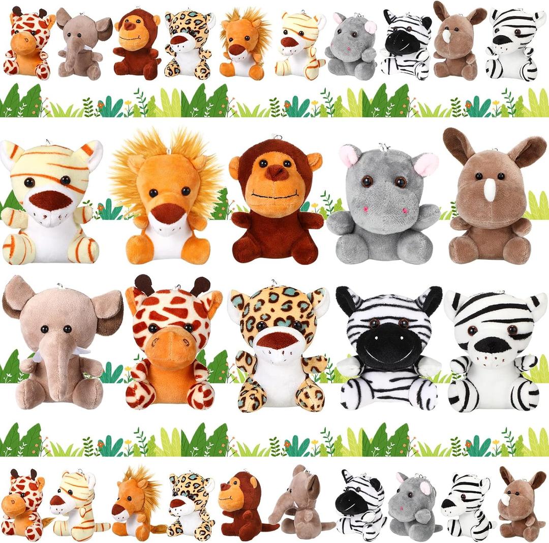 Leitee 10 Pcs Mini Safari Stuffed Animals Bulk 4.8'' Small Jungle Plush Stuffed Animals Toy Lion Tiger Elephant Giraffe Forest Plush Keychain for Theme Party Favor Classroom Award Birthday Baby Shower