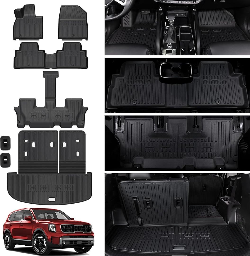 Floor Mats for 2020-2025 Kia Telluride 7/8 Passengers, Cargo Mat with Backrest Mat All Weather TPE Waterproof Cargo Liners for 2024 2025 Kia Telluride EX SX Accessories (Floor Mats and Cargo Trunk Liner Set)