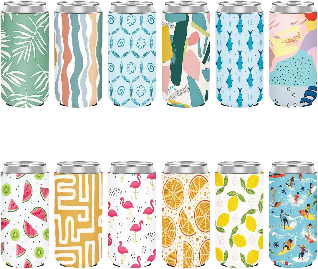 12 Pack Slim Can Cooler Sleeve Insulated Tall Cans 12 Oz Bulk Neoprene Slim Drink Bottle Holder Summer Party Decorations, Blanks for Vinyl Projects Birthday Wedding Favors & Gifts