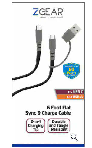 ZGear 6 Foot Flat Sync & Charge Cable For USB C To USB A
