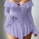OYOANGLE Women's 2 Piece Off Shoulder Long Sleeve Ruffle Mesh Sheer Nightgowns with Thongs Babydoll Lingerie Set (Purple, S)
