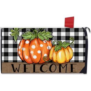 Welcome Fall Pumpkin Mailbox Cover Magnetic Standard Size 20.5" x 18", Autumn Buffalo Plaid Check Decorative Post Letter Box Decor, Thanksgiving Farmhouse Garden Yard Outdoor Decoration