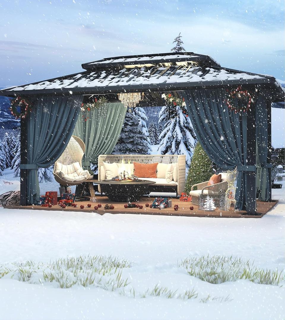 HOTEEL 10x12 Hardtop Gazebo Hot Tub Gazebo with Flame-Retardant Curtain Netting, Heavy Duty Pavilion with Galvanized Steel Double Roof, Aluminum Frame Outdoor Canopy for Patio, Party (2025 Upgraded) (Black , Frame Thickened))