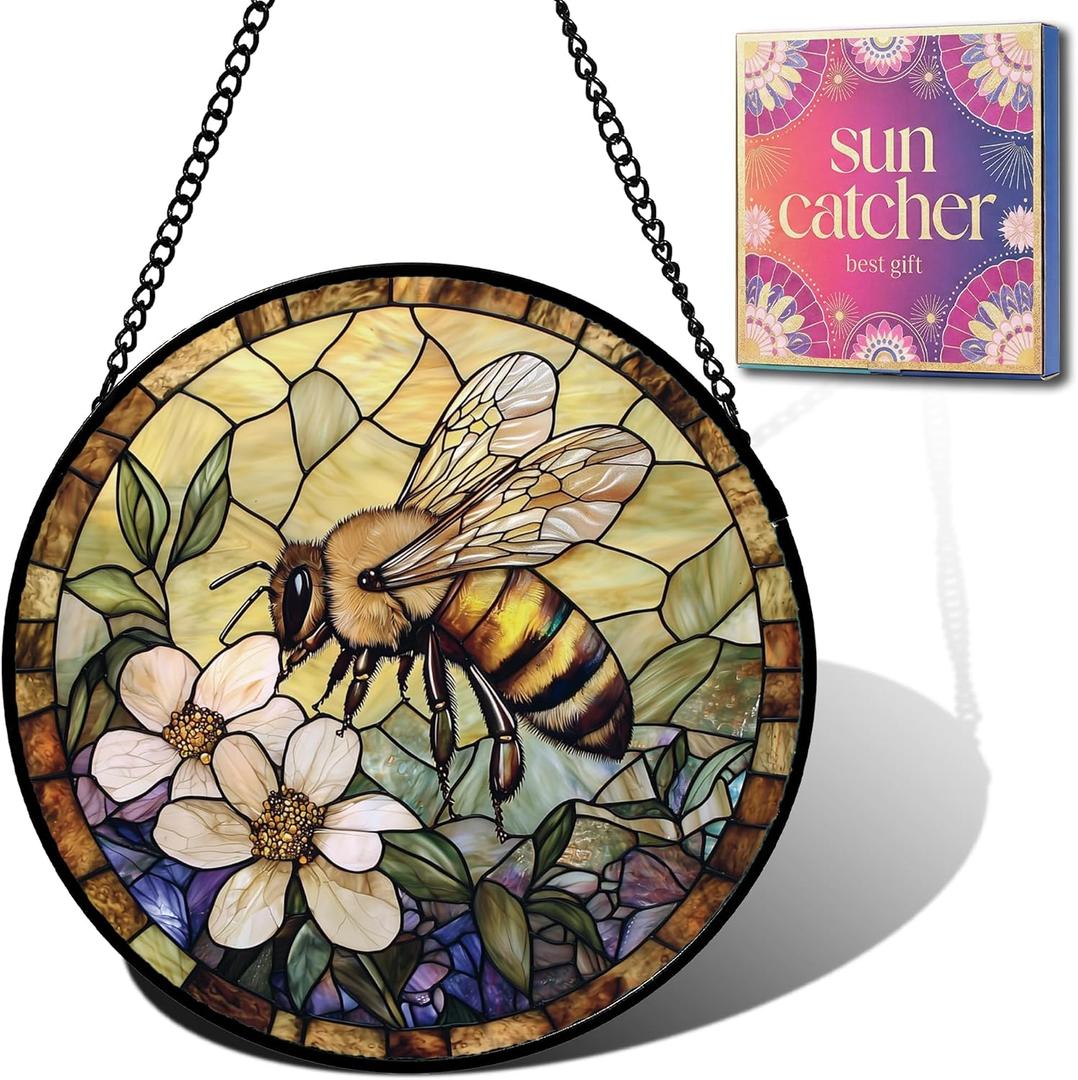 4 x Bee Gifts for Mom - Bees Flowers Faux Stained Glass Window Hanging Sun Catcher for Door Garden Acrylic Decor Mother's Day Birthday Stocking Stuffer Gift for Women Nana Friend Men Grandma 6.3"