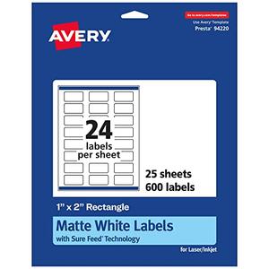 Avery Matte White Rectangle Labels, Sure Feed Technology, 1" x 2", 600 Matte White Printable Labels