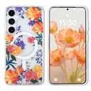 AIGOMARA Magnetic for Samsung Galaxy S24 Plus Case [Compatible with MagSafe] Clear Floral Flower Pattern Design, Slim Anti-Yellowing Shockproof Phone Cover for Women Girls, Orange