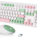 FOPETT 2.4GHz Wireless Keyboard and Mouse Set with Switch Button - Full-Size Keyboard - Compatible for Windows/Laptop/PC/Notebook/Smart TV and More - White Green