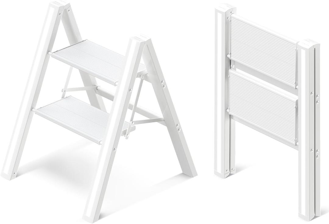 GameGem 2 Step Ladder, Aluminum Folding 2 Step Stool with Anti-Slip Sturdy and Wide Pedal, Lightweight Portable Stepladder for Home and Kitchen Use Space Saving, Cream White, 330 lbs