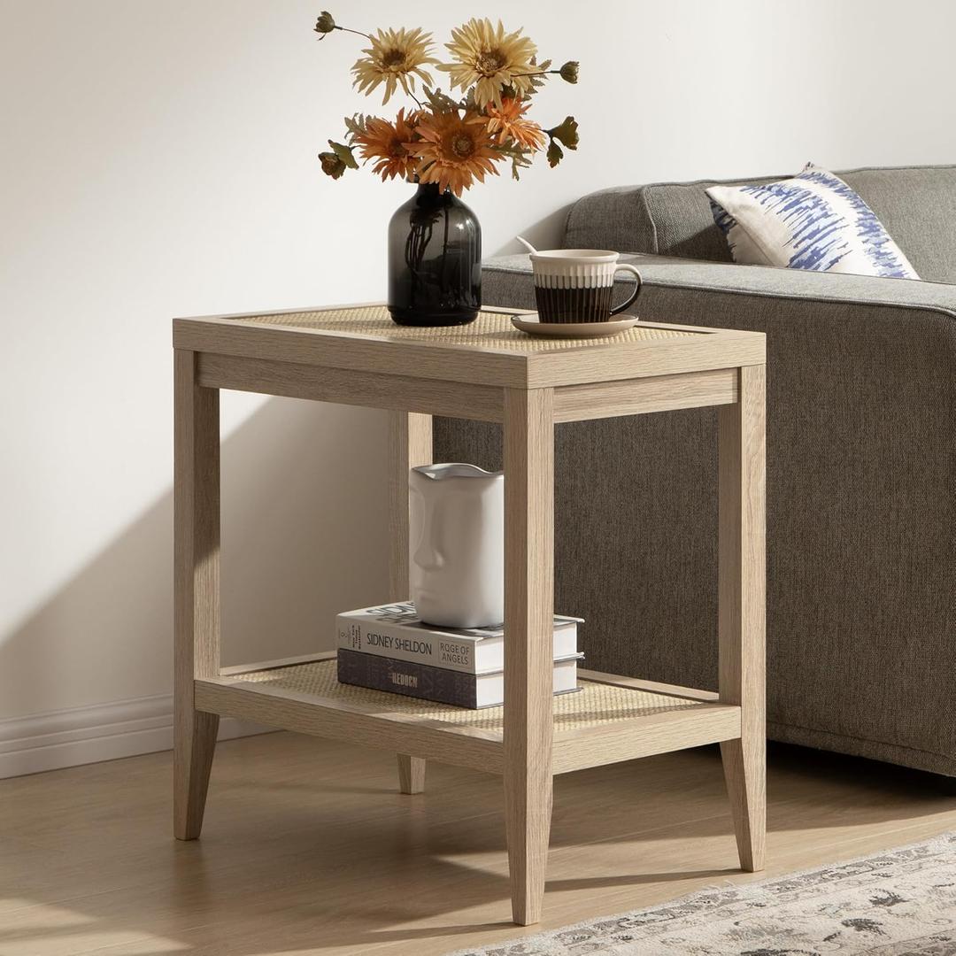 SICOTAS Rattan Nightstand Bedside Table - Farmhouse Boho Narrow Accent End Table with 2 Open Rattan Shelves for Bedroom, Living Room, Small Spaces - Light Oak (1 Piece)