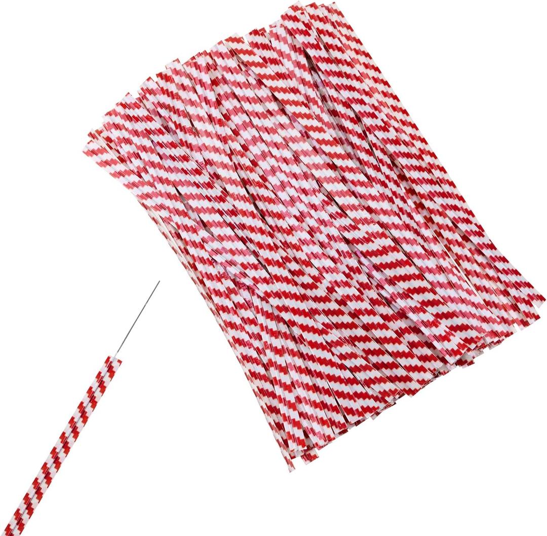 ONLYKXY Color Stripe Kraft Paper Twist Ties Plant Ties Reusable Bread Twist Ties Cake Pop Ties Cable Ties Candy Ties for Bags,Gifts,Packing,Christmas,Decoration,4 Inch,100pcs (Red)