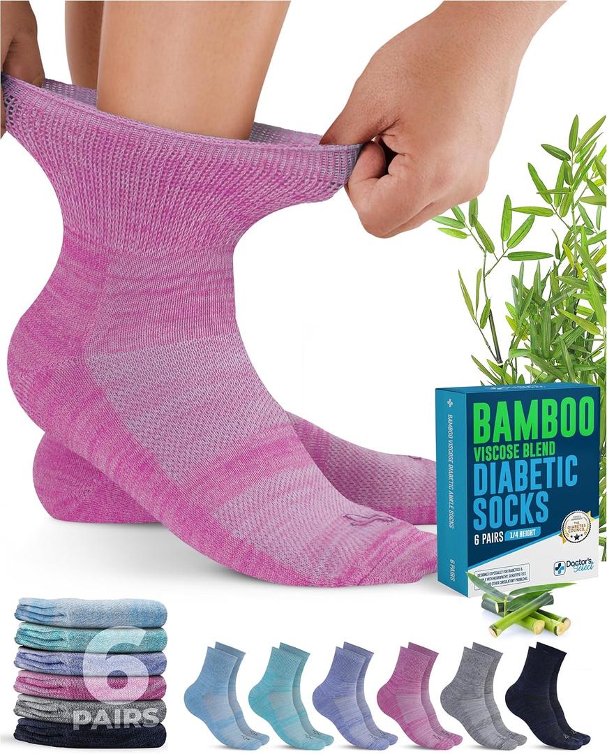 Doctor's Select Bamboo Viscose Diabetic Socks for Women & Men - 6 Pairs, Viscose Bamboo Socks Woman, Non Binding, Wide Top (Large)